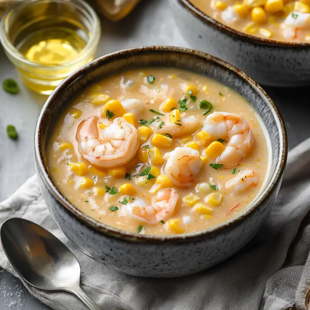 A close-up view of a bowl of creamy shrimp and corn chowder, garnished with green herbs and served with a spoon and a small jar of oil in the background.