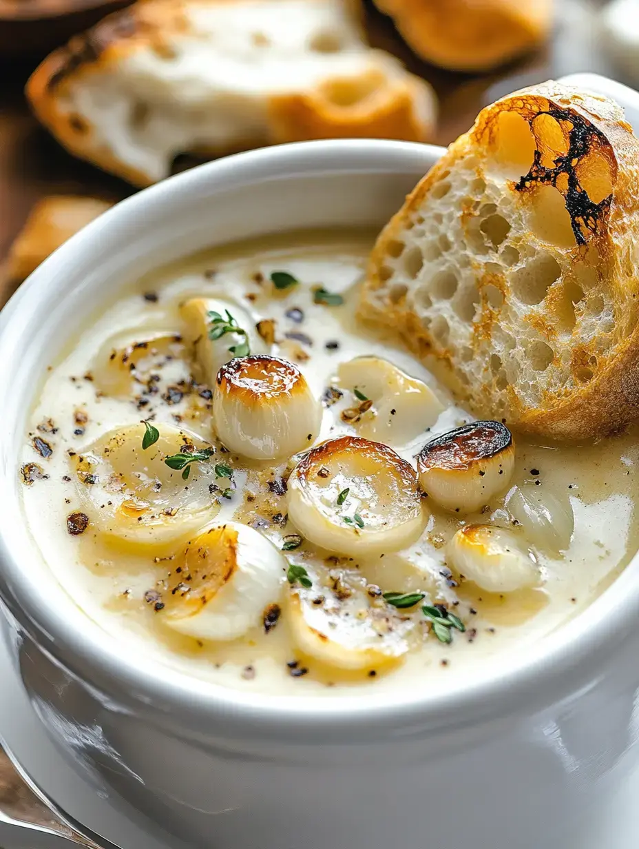 A bowl of creamy soup with sautéed onions and a piece of toasted bread on the side.