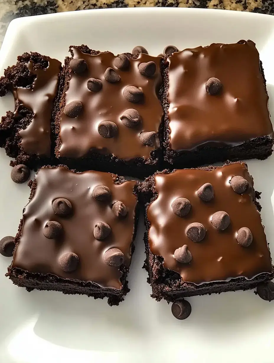 A close-up of four chocolate brownies topped with glossy chocolate icing and scattered chocolate chips on a white plate.