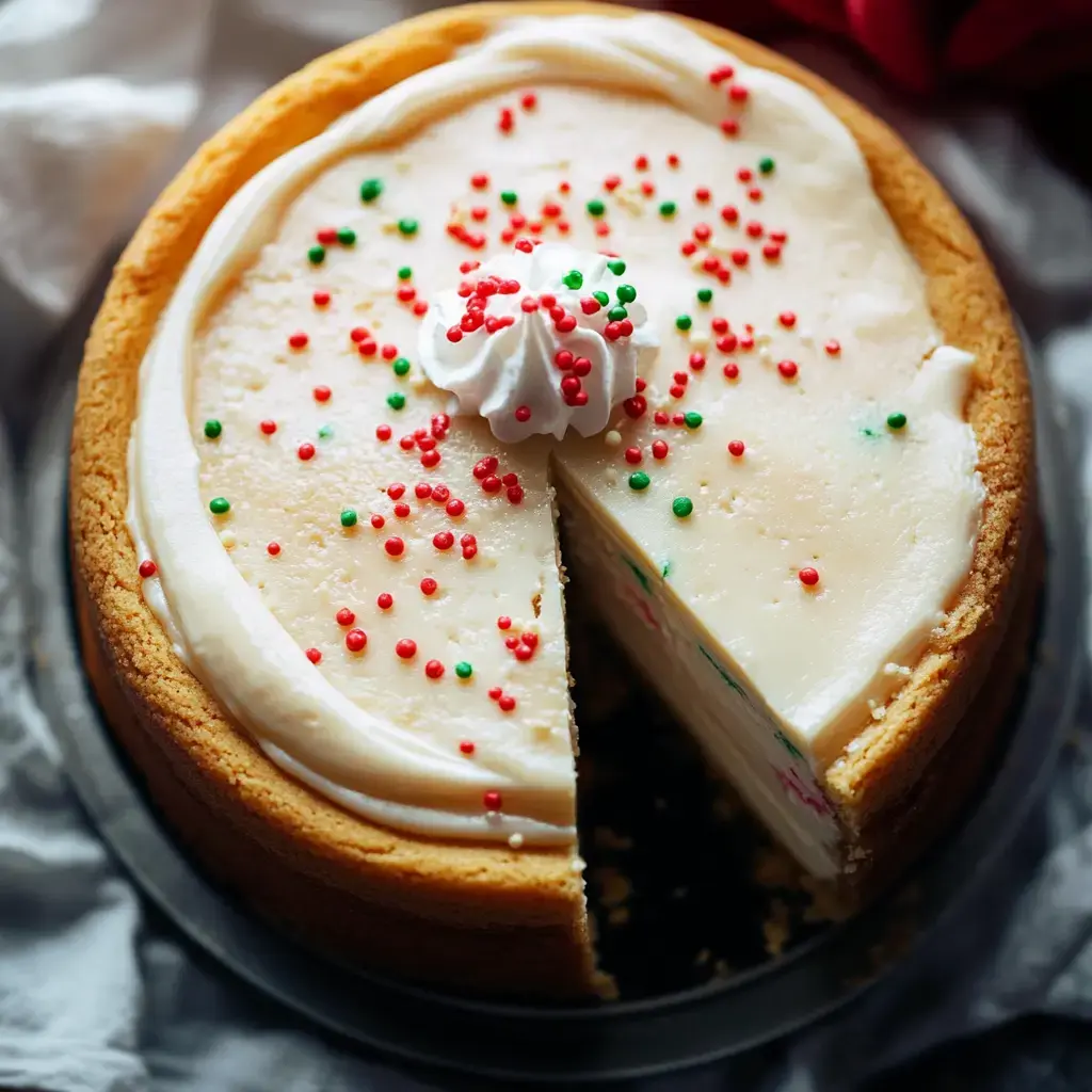 A festive cheesecake topped with red and green sprinkles and a dollop of whipped cream, with a slice removed.