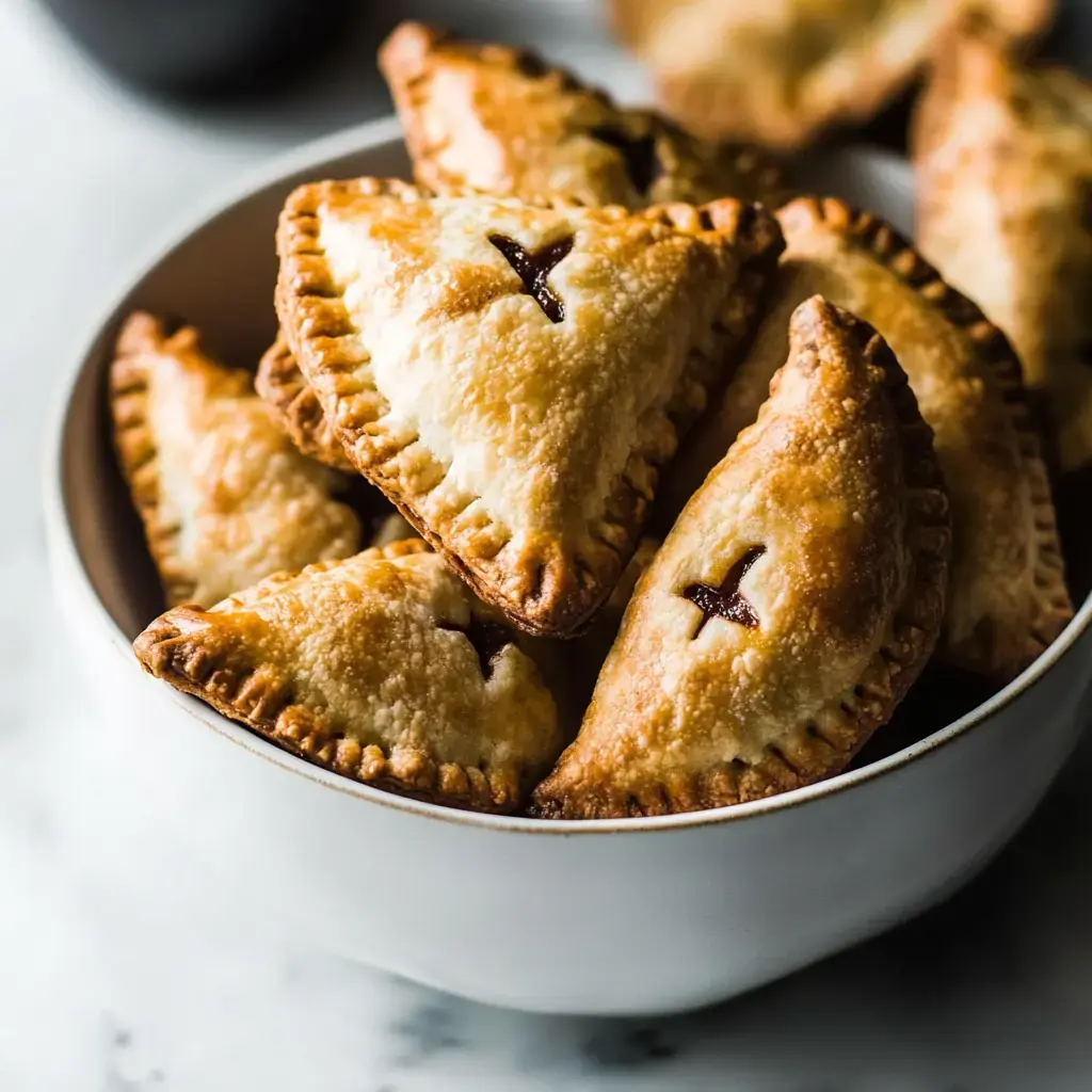 A bowl filled with golden-brown, triangular pastries with a glossy finish and a chocolate filling peeking through.