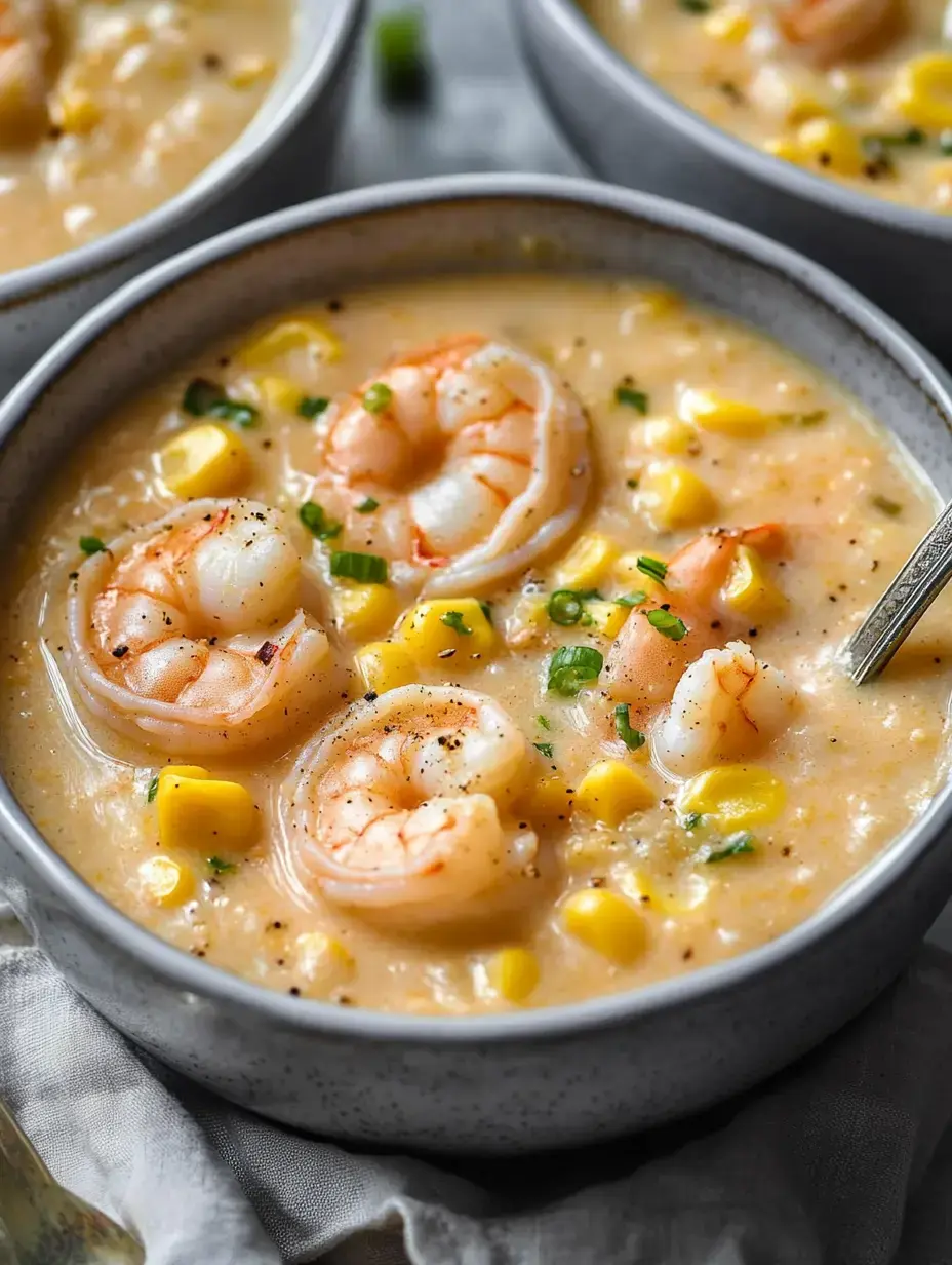 A close-up of a bowl of creamy shrimp and corn chowder garnished with green onions.