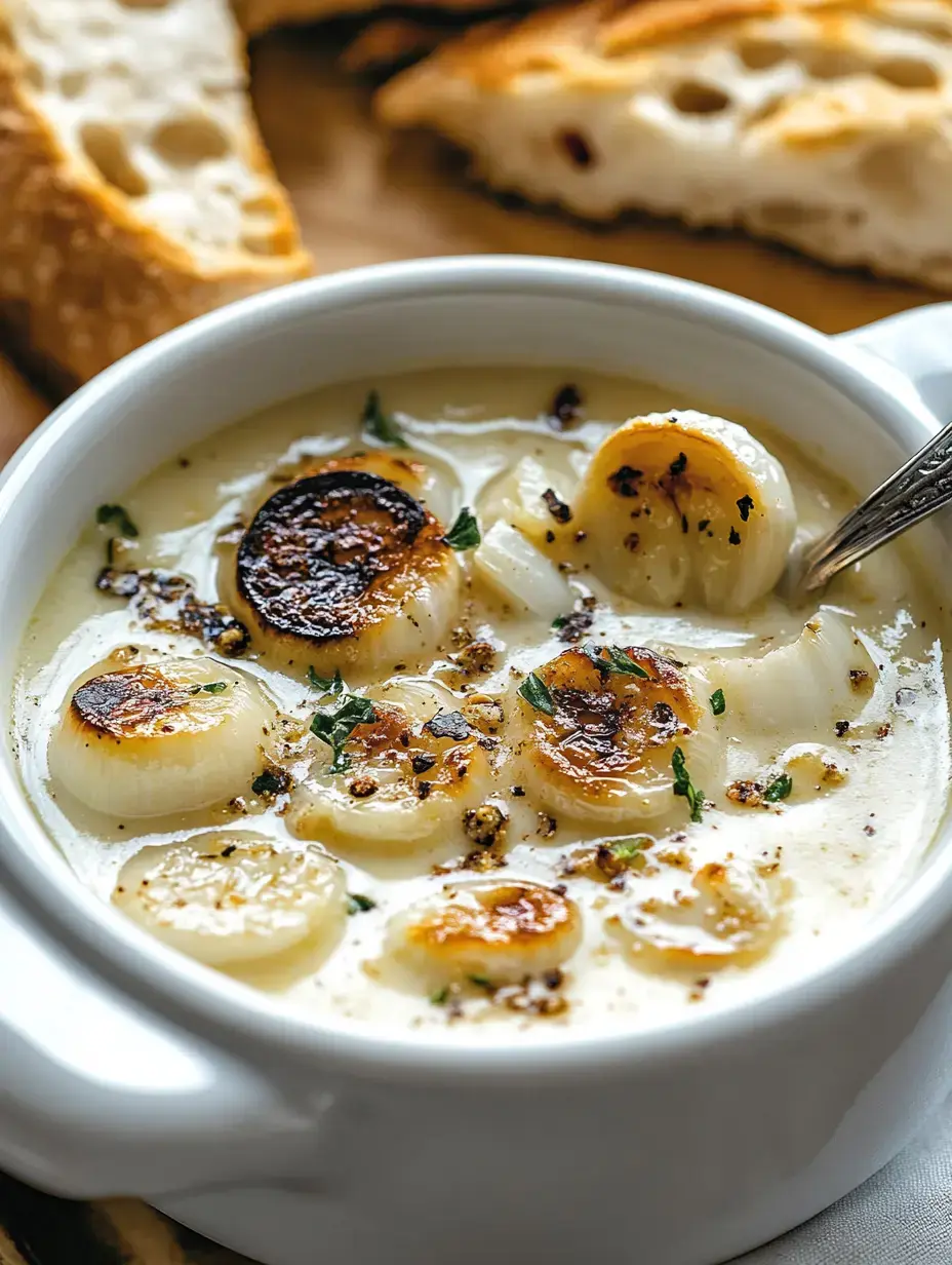 A bowl of creamy soup topped with golden brown sautéed onions and garnished with herbs, accompanied by slices of toasted bread.