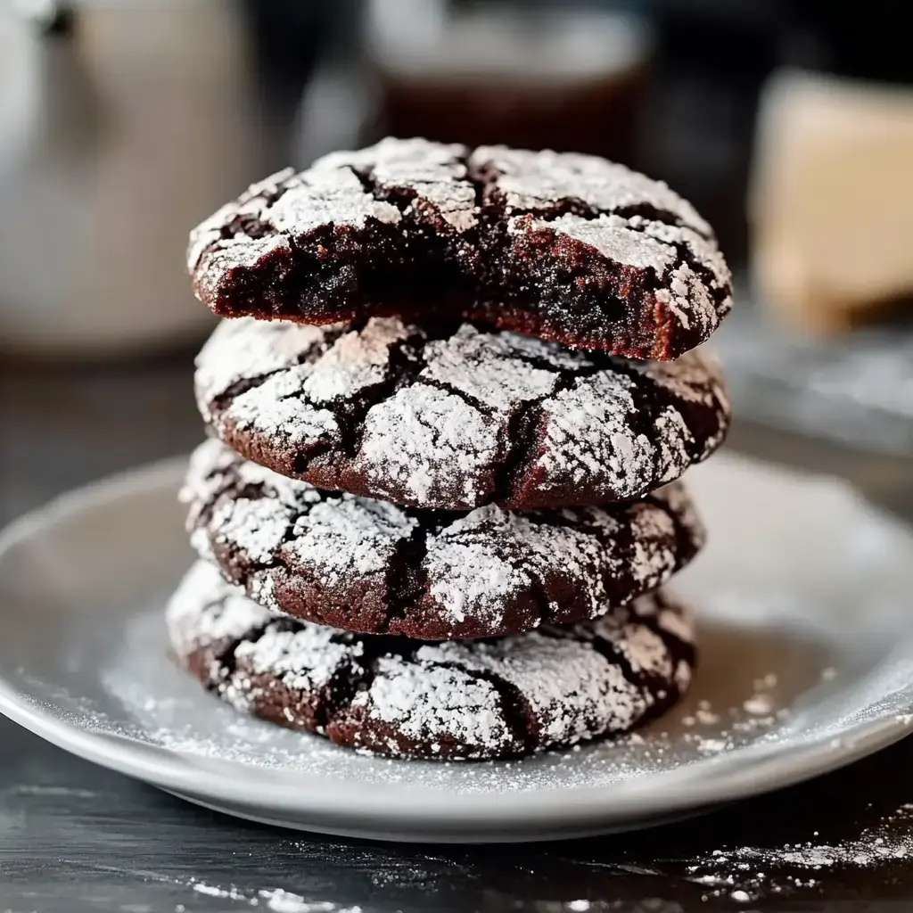 A stack of four chocolate crinkle cookies, dusted with powdered sugar, is displayed on a gray plate.