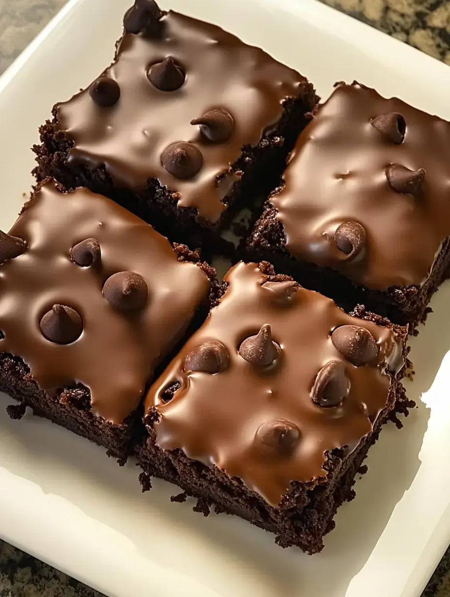 A plate of four chocolate brownies topped with a glossy chocolate glaze and chocolate chips.