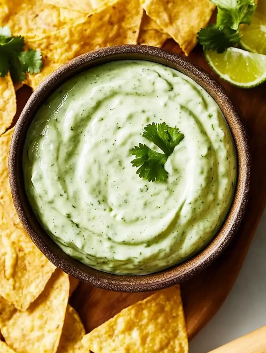 A creamy green dip garnished with cilantro is shown in a bowl, surrounded by tortilla chips and lime wedges.