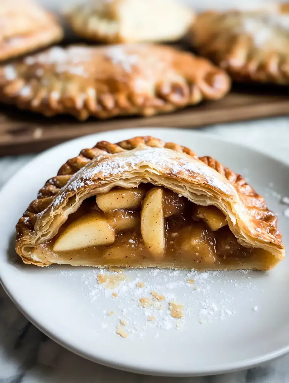 A sliced apple pastry with a flaky crust, filled with cinnamon-spiced apple slices, is displayed on a plate, with whole pastries in the background.