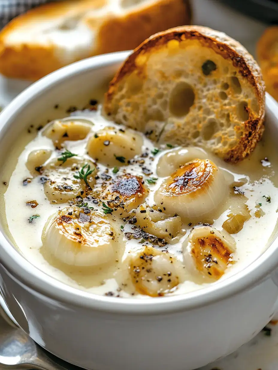 A bowl of creamy soup topped with sautéed onions and garnished with black pepper, accompanied by a slice of toasted bread.