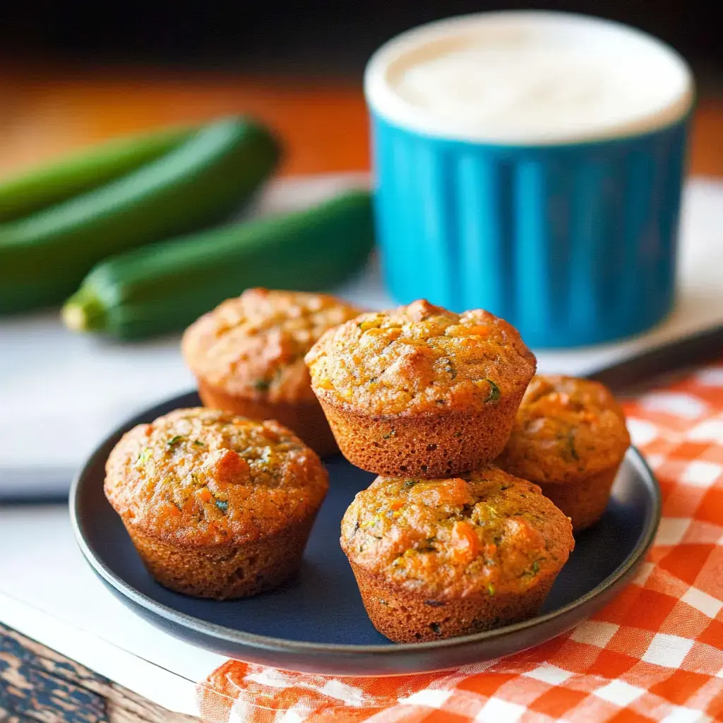 A plate of zucchini muffins is shown beside a cup of coffee and two zucchinis on a kitchen surface.