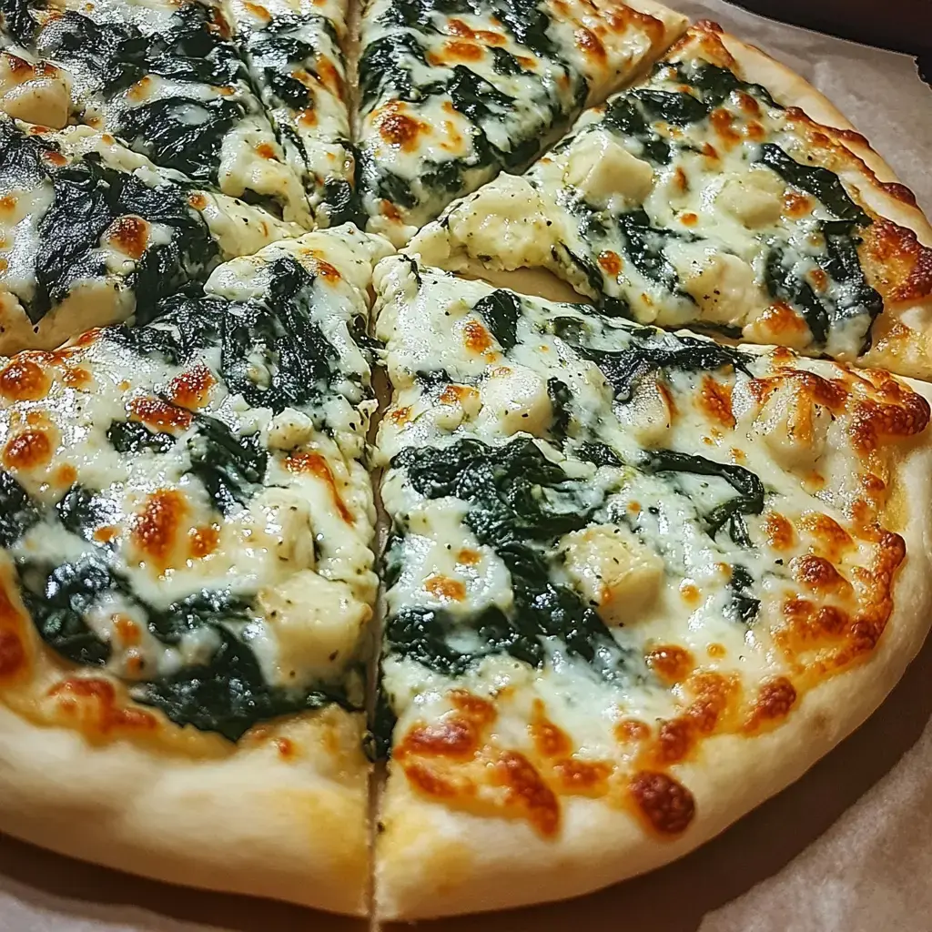 A freshly baked pizza topped with spinach and melted cheese, cut into triangular slices.