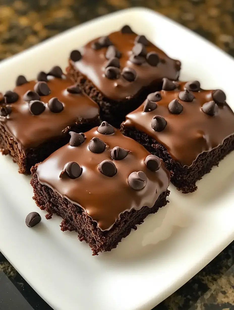 A plate of chocolate brownies topped with glossy chocolate frosting and sprinkled with chocolate chips.