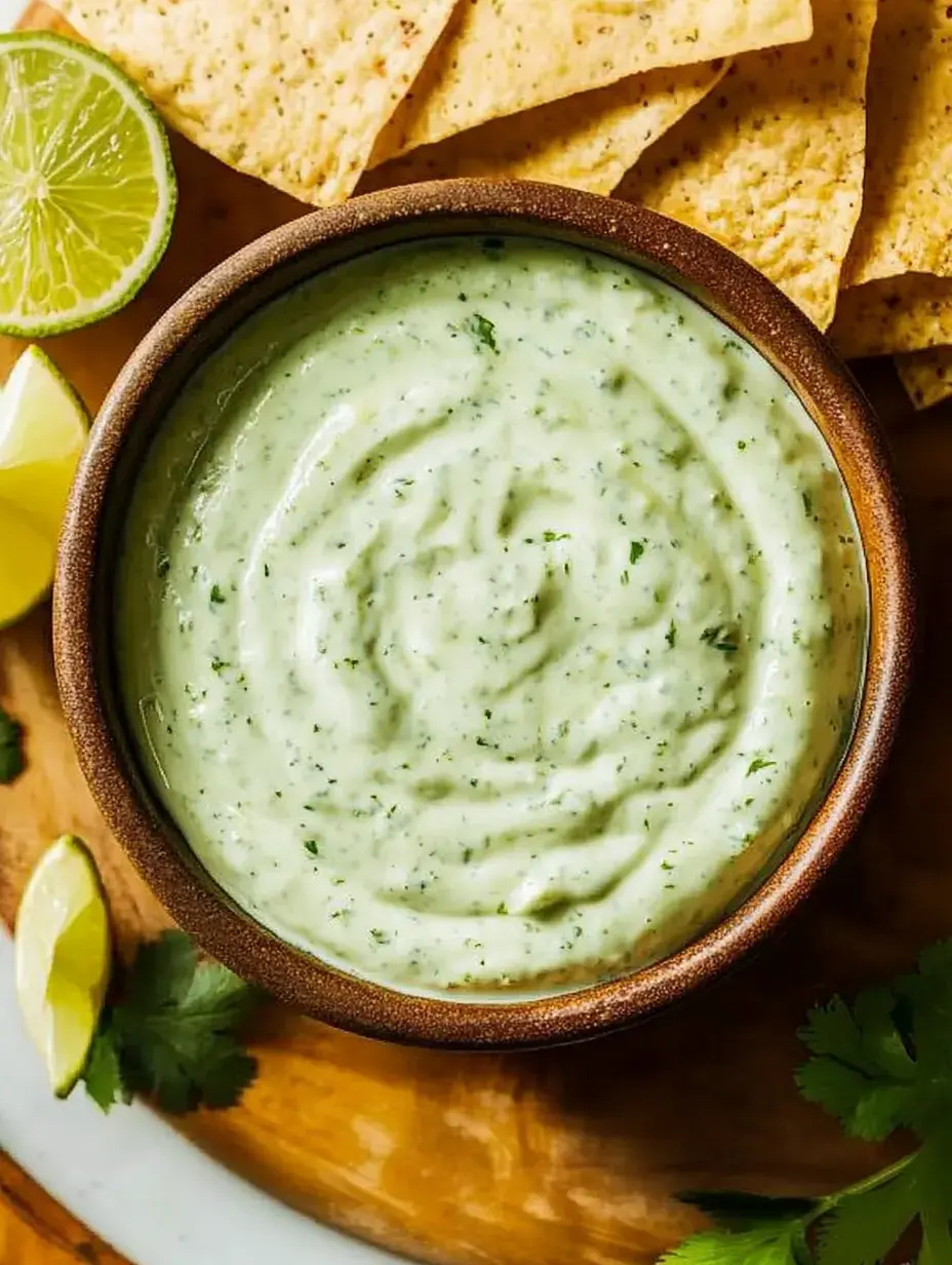 A bowl of creamy green dip is surrounded by lime wedges and tortilla chips on a wooden platter.