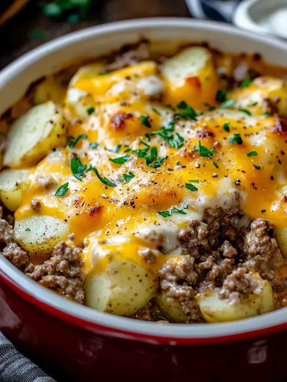 A close-up of a hearty casserole featuring ground beef, sliced potatoes, melted cheddar cheese, and garnished with parsley.