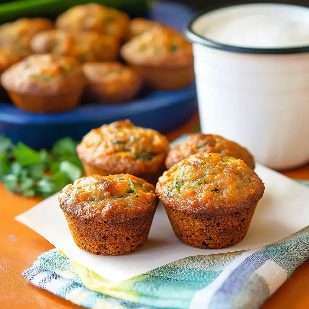 A close-up of four golden-brown muffins with herbs, displayed on a white napkin, alongside a cup of yogurt and a blurred background of more muffins.