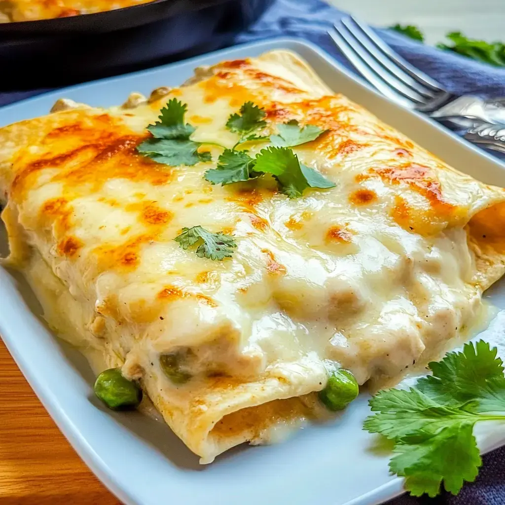 A creamy, cheesy enchilada garnished with fresh cilantro sits on a white plate.