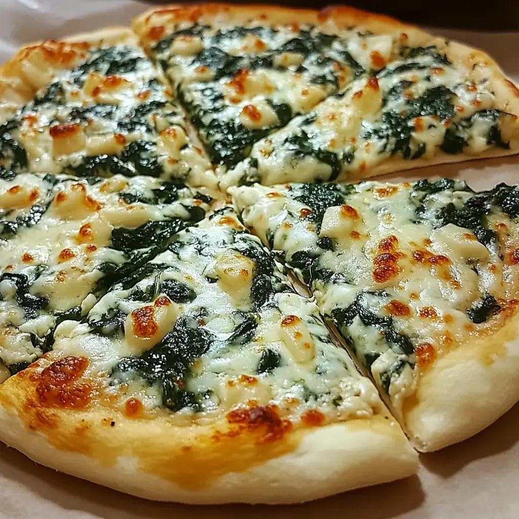 A freshly baked pizza topped with spinach and melted cheese, sliced into triangular pieces.