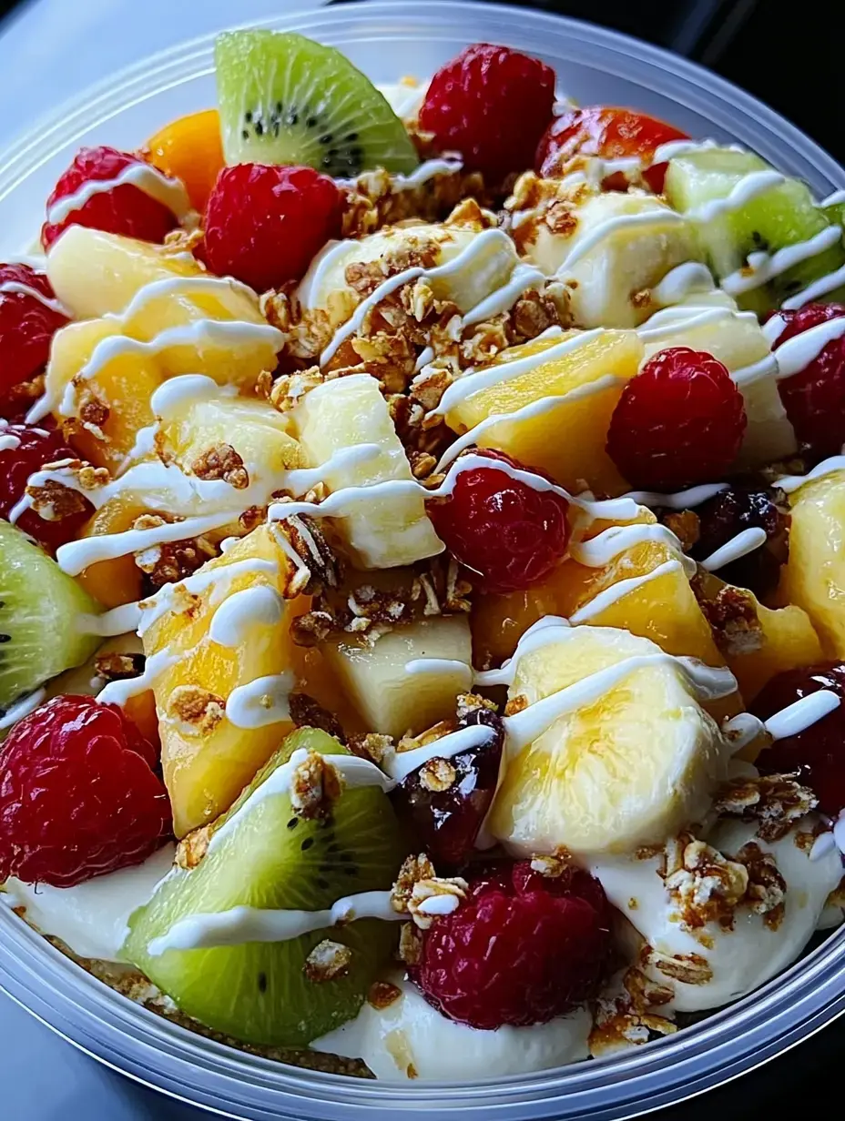 A colorful fruit salad topped with granola and drizzled with cream is presented in a clear bowl.