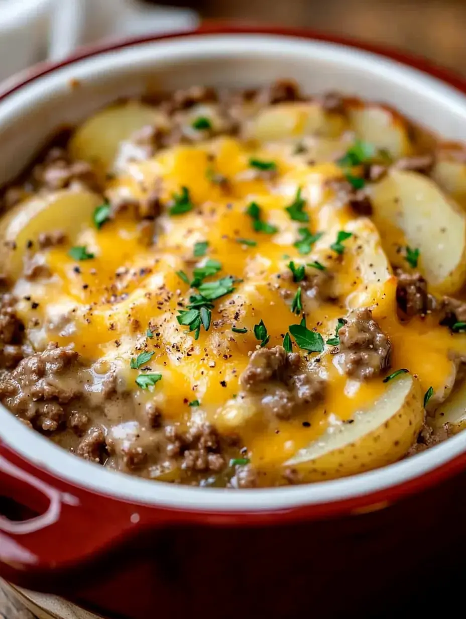 A casserole dish filled with layers of seasoned ground beef, sliced potatoes, cheddar cheese, and garnished with fresh parsley.