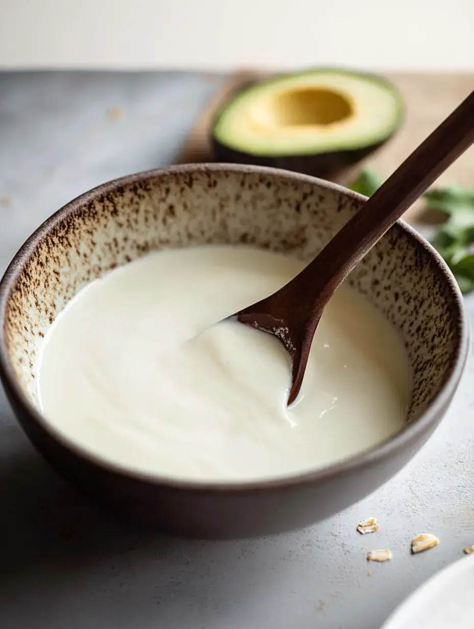 A brown bowl of creamy sauce or dip is shown with a wooden spoon, alongside a halved avocado and some oats in the background.