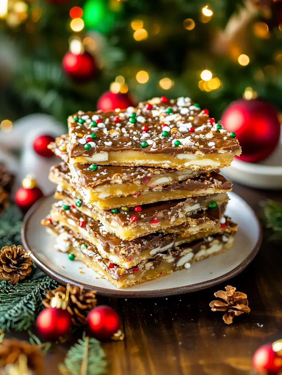 A stack of festive, decorated toffee pieces is displayed on a plate, surrounded by holiday ornaments and pine cones against a blurred Christmas tree backdrop.