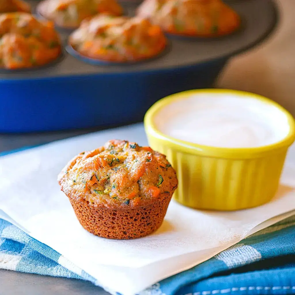 A freshly baked muffin with visible vegetables sits on a napkin beside a yellow bowl of creamy dip, with more muffins in a blue tray in the background.