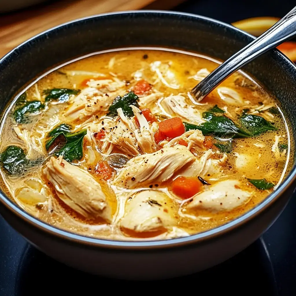 A close-up of a bowl of savory chicken soup with shredded chicken, spinach, carrots, and a flavorful broth.