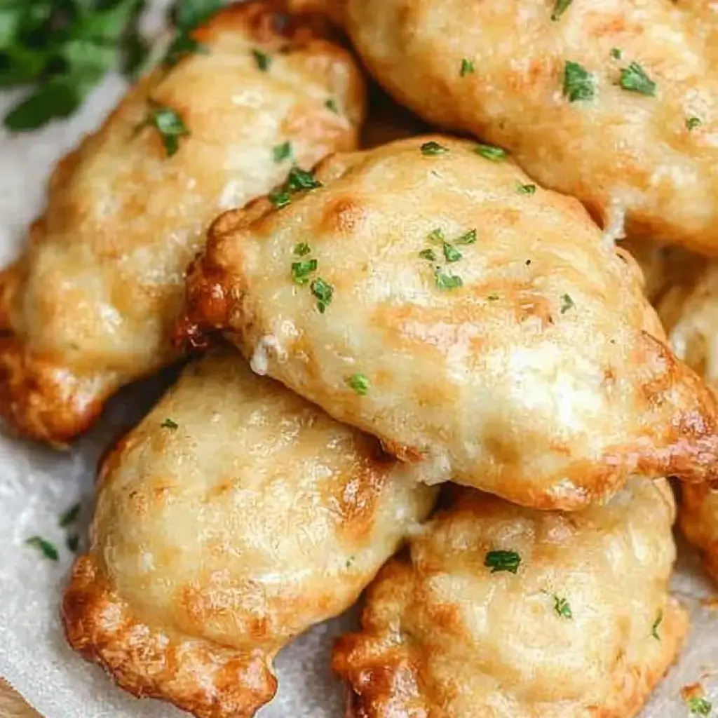 A close-up of golden-brown cheese-filled pastries garnished with chopped parsley.