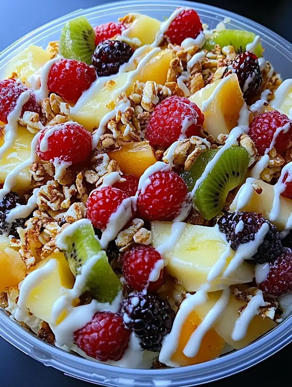 A close-up view of a bowl filled with a colorful assortment of fruits, including raspberries, blackberries, kiwi, and mango, topped with granola and a drizzle of white sauce.