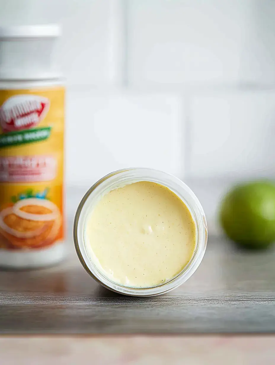 A jar of creamy sauce sits on a wooden surface with a lime and a container of seasoning blurred in the background.