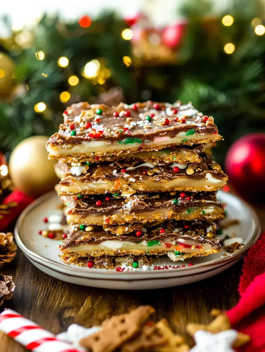 A stack of festive, decorated chocolate and toffee bars on a plate, surrounded by holiday decorations.