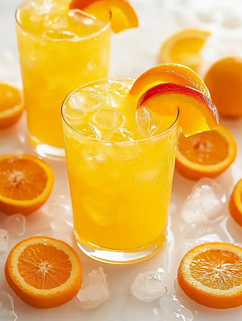 Two refreshing orange beverages filled with ice are garnished with orange slices, surrounded by fresh orange halves on a white surface.