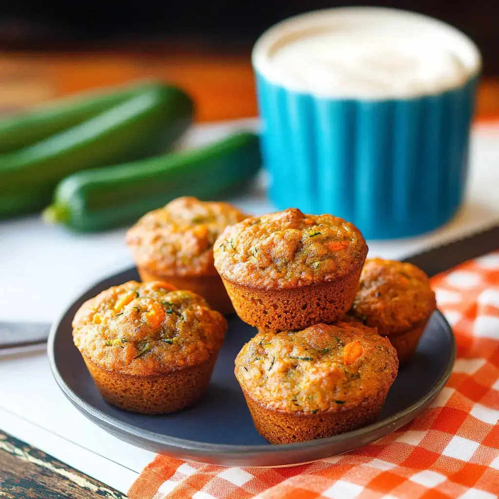 A plate of freshly baked zucchini muffins is displayed next to a blue cup and some zucchini on a checkered cloth.