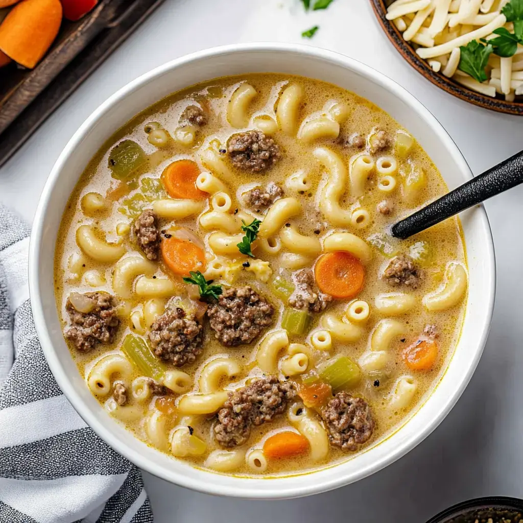 A bowl of macaroni soup containing ground beef, carrots, and celery, garnished with a sprig of parsley and served with shredded cheese nearby.