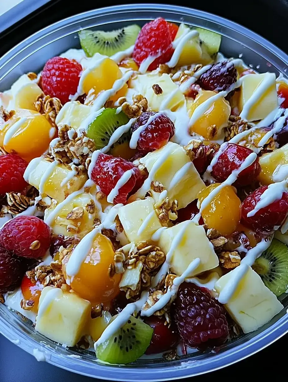 A colorful fruit salad featuring raspberries, mango, kiwi, and granola, drizzled with yogurt in a clear bowl.