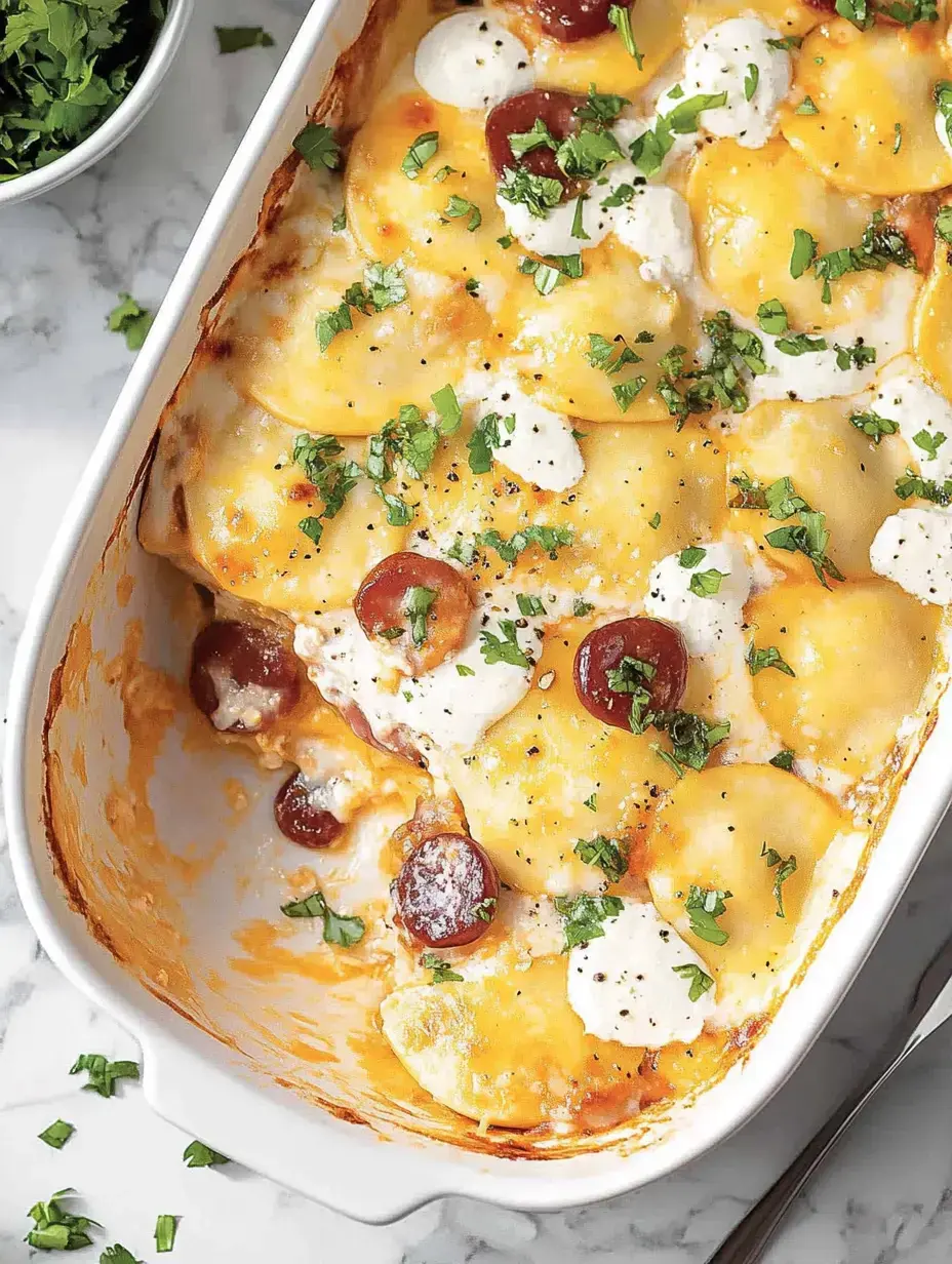 A creamy cheese and pasta dish topped with slices of pepperoni and fresh herbs, served in a white baking dish.