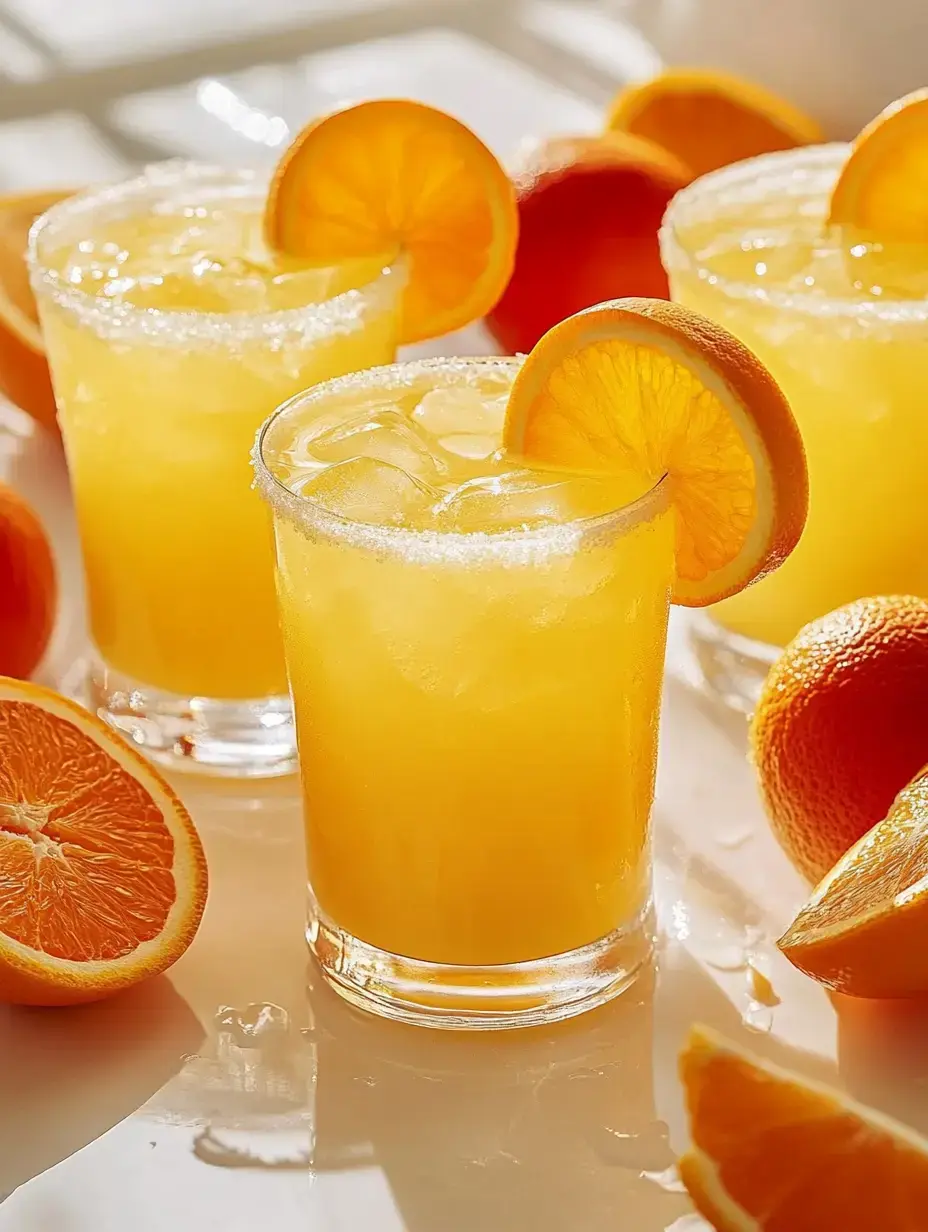 Three glasses of yellow-orange drinks with ice and garnished with orange slices, surrounded by fresh orange halves on a reflective surface.