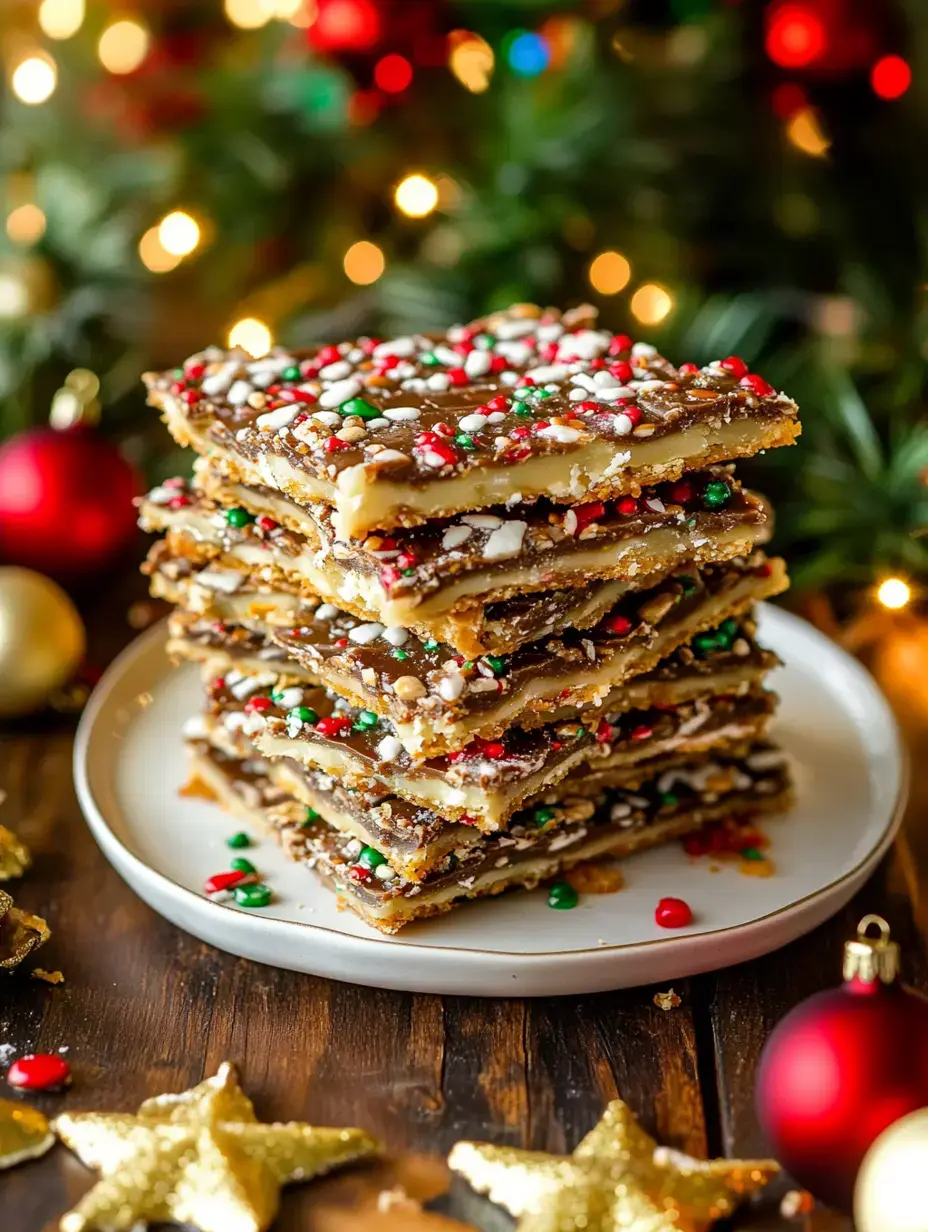 A festive stack of colorful, decorated holiday treats sits on a plate, surrounded by sparkling lights and Christmas ornaments.