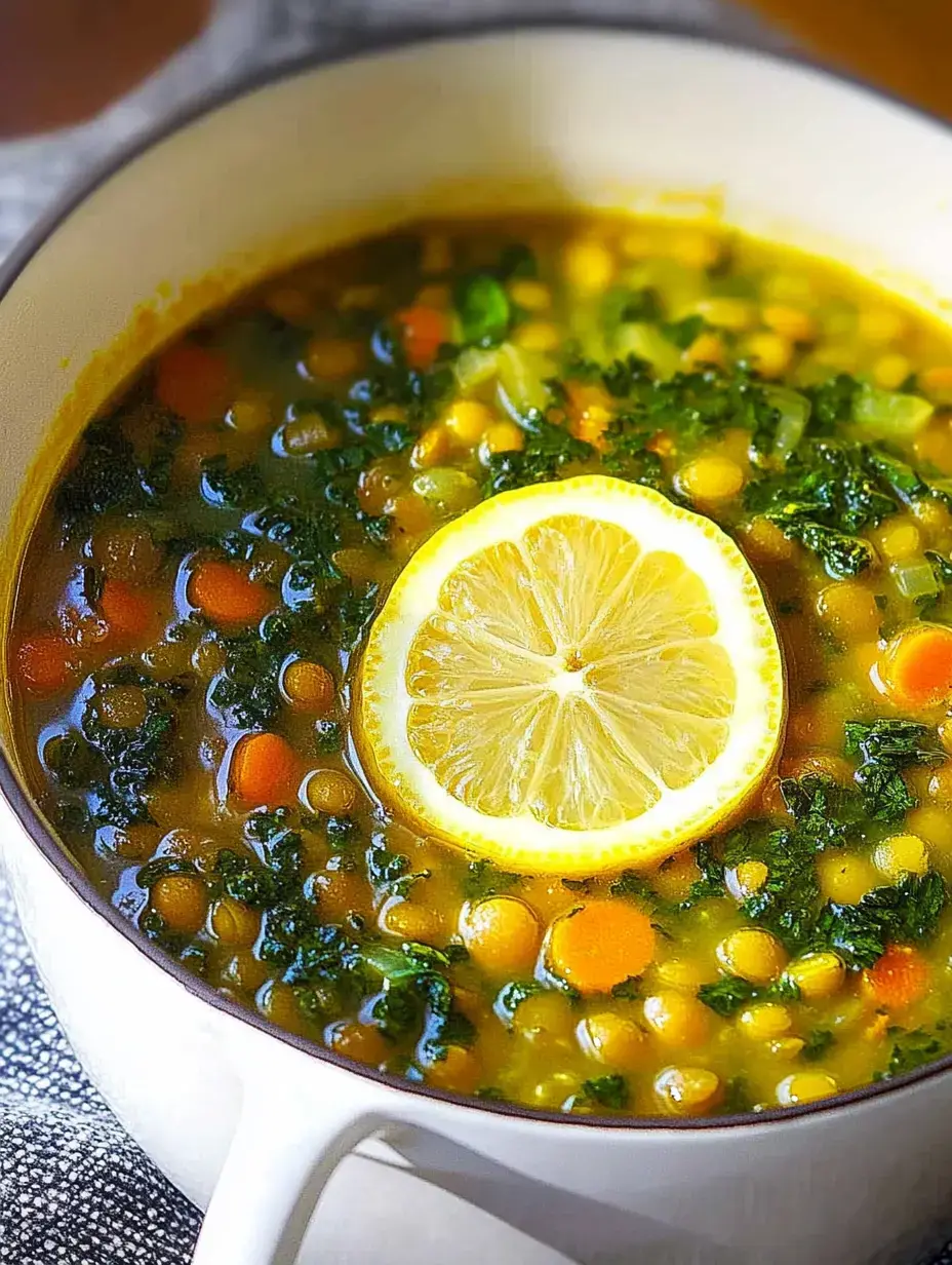 A bowl of vibrant soup with lentils, carrots, and kale, topped with a slice of lemon.