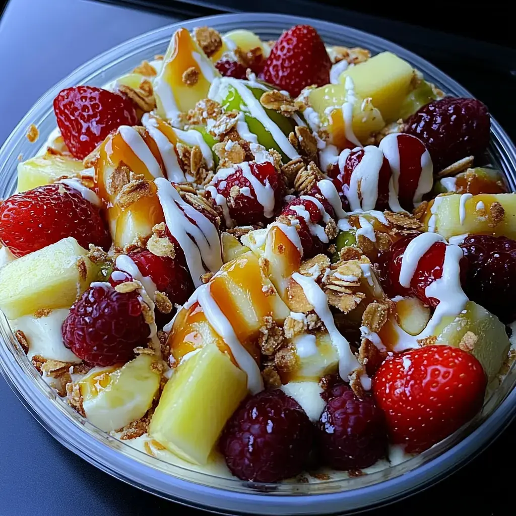 A colorful fruit salad featuring strawberries, raspberries, pineapple, and mango, topped with granola and a drizzle of white sauce.