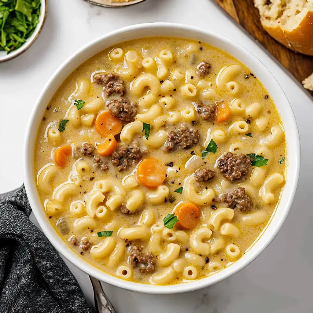 A creamy bowl of macaroni soup featuring ground beef, carrots, and garnished with parsley, alongside slices of bread.