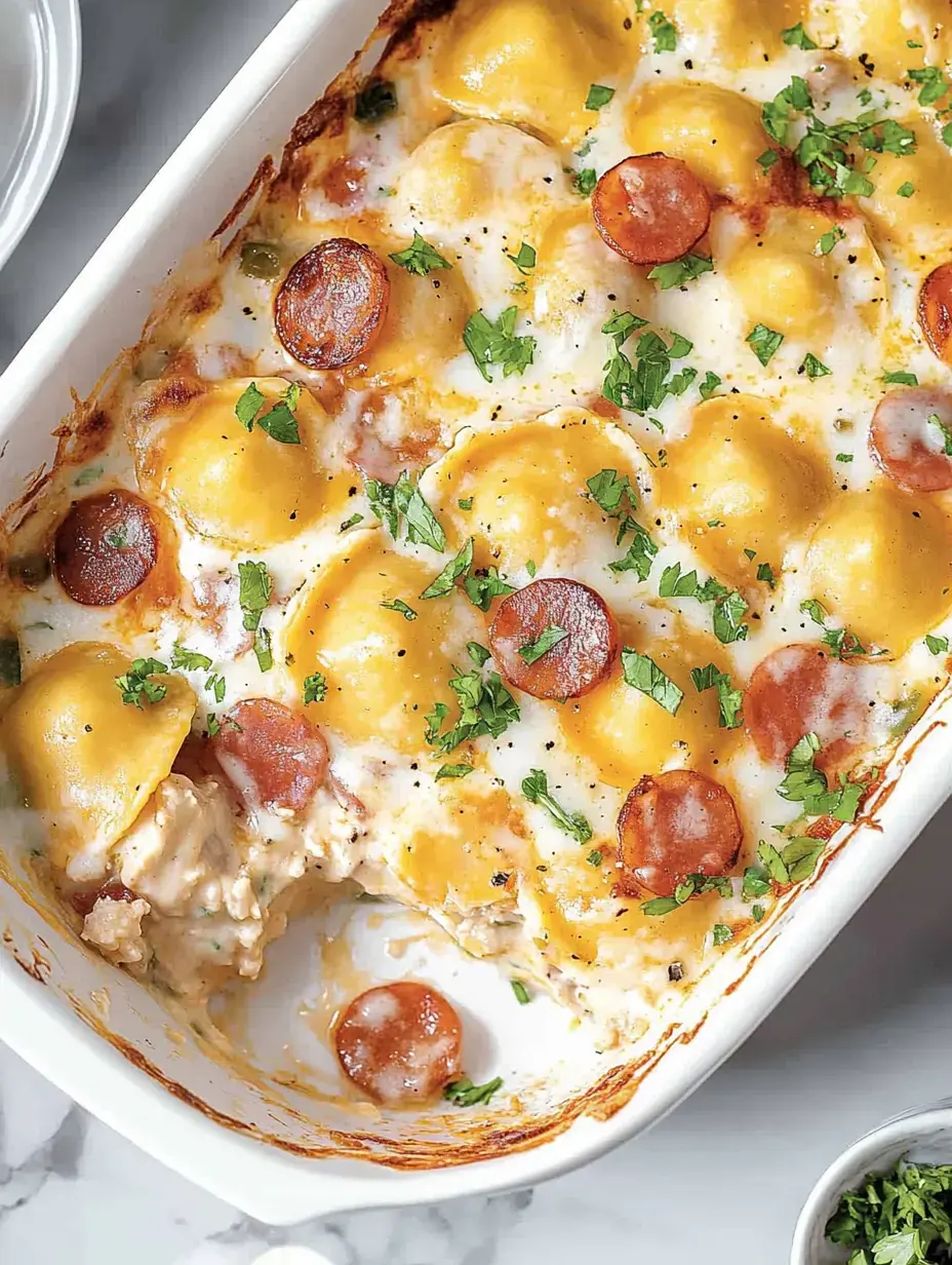 A baked dish featuring cheese, ravioli, pepperoni slices, and chopped parsley in a white casserole dish.