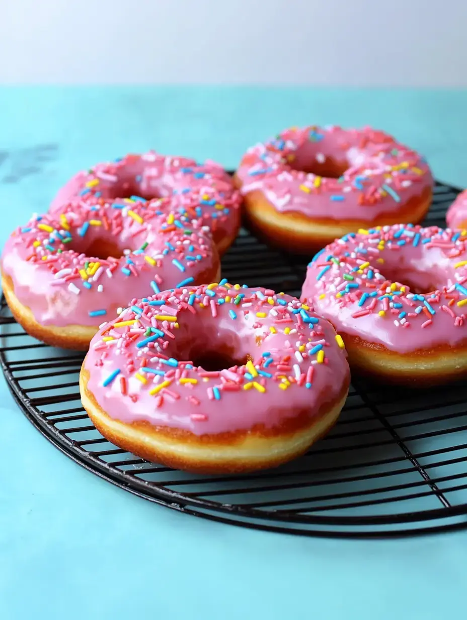 A close-up of several pink frosted donuts with colorful sprinkles on a black cooling rack against a light blue background.