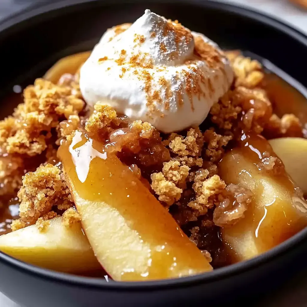 A close-up of a dessert bowl featuring sliced apples, caramel sauce, crumbled topping, and a dollop of whipped cream dusted with cinnamon.