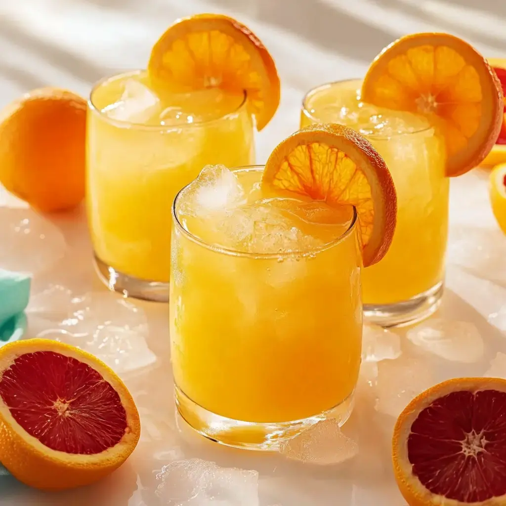 Three glasses of refreshing orange drinks with ice, garnished with orange slices, surrounded by whole and halved oranges on a light surface.