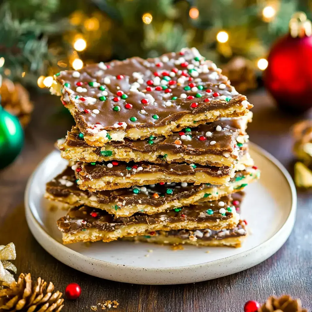 A stack of festive chocolate-covered dessert bars, decorated with red and green sprinkles, sits on a light-colored plate surrounded by holiday ornaments and greenery.