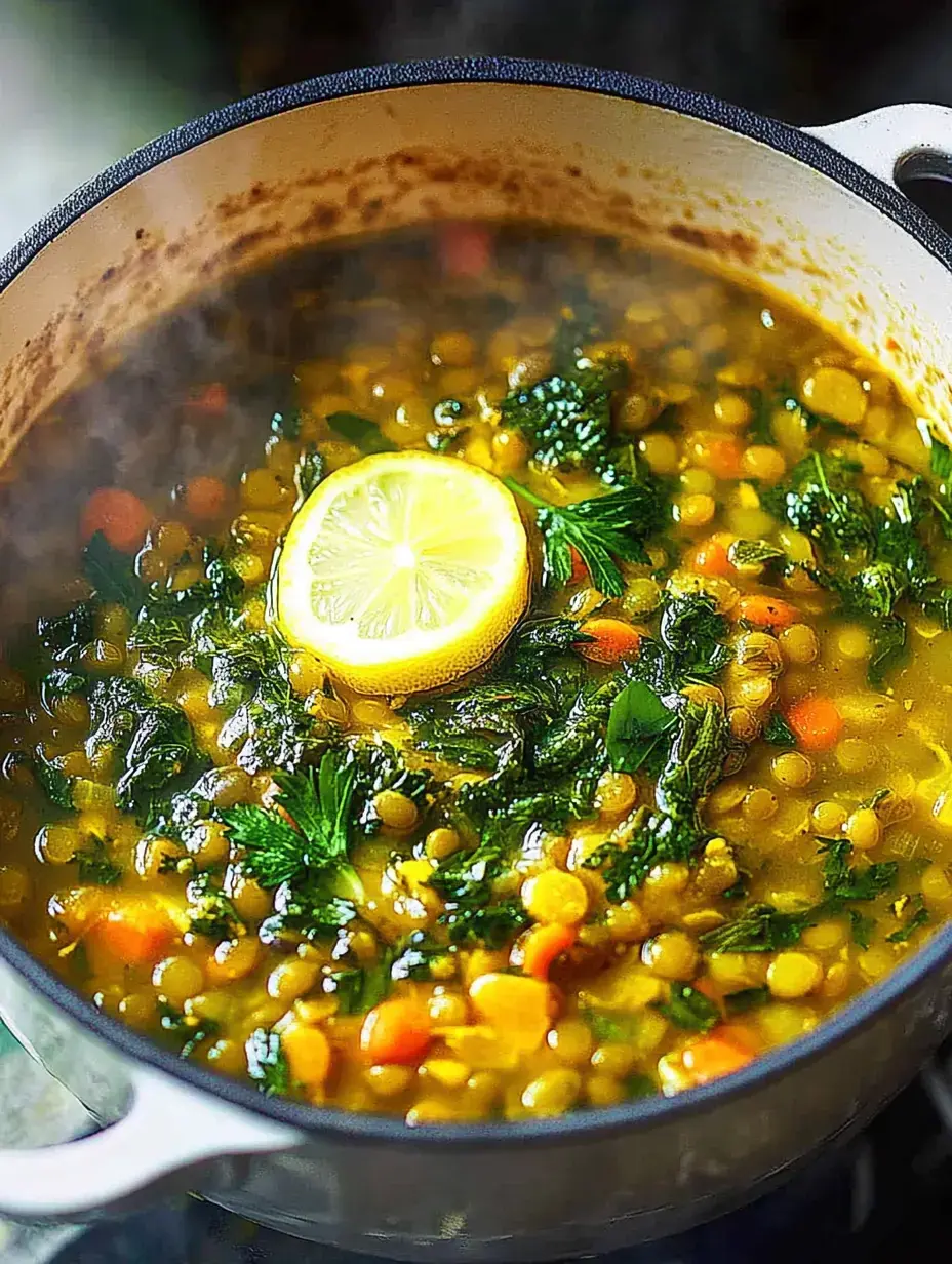 A simmering pot of green lentil soup with leafy greens, diced carrots, and a slice of lemon on top.