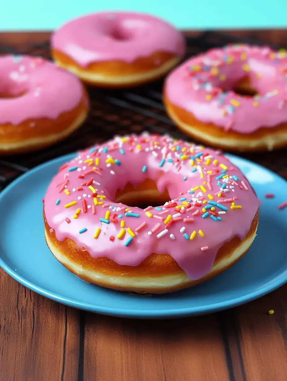 A pink frosted donut with colorful sprinkles sits on a blue plate, surrounded by additional donuts on a cooling rack.