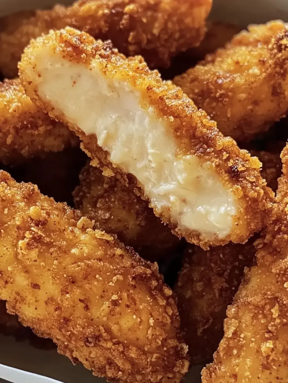 A close-up image of golden-brown, breaded chicken tenders, with one piece cut in half to show the tender white meat inside.