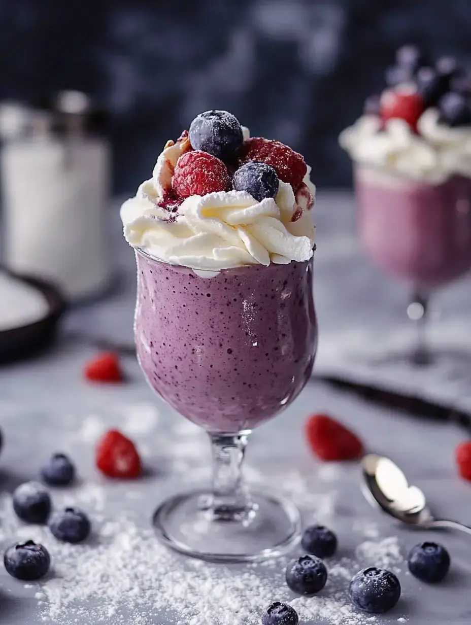 A glass of purple dessert topped with whipped cream, blueberries, and raspberries, surrounded by fresh berries and powdered sugar.