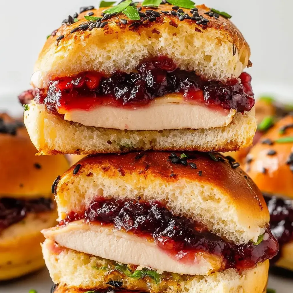 Two stacked sliders filled with turkey and cranberry sauce, garnished with chopped herbs on top.